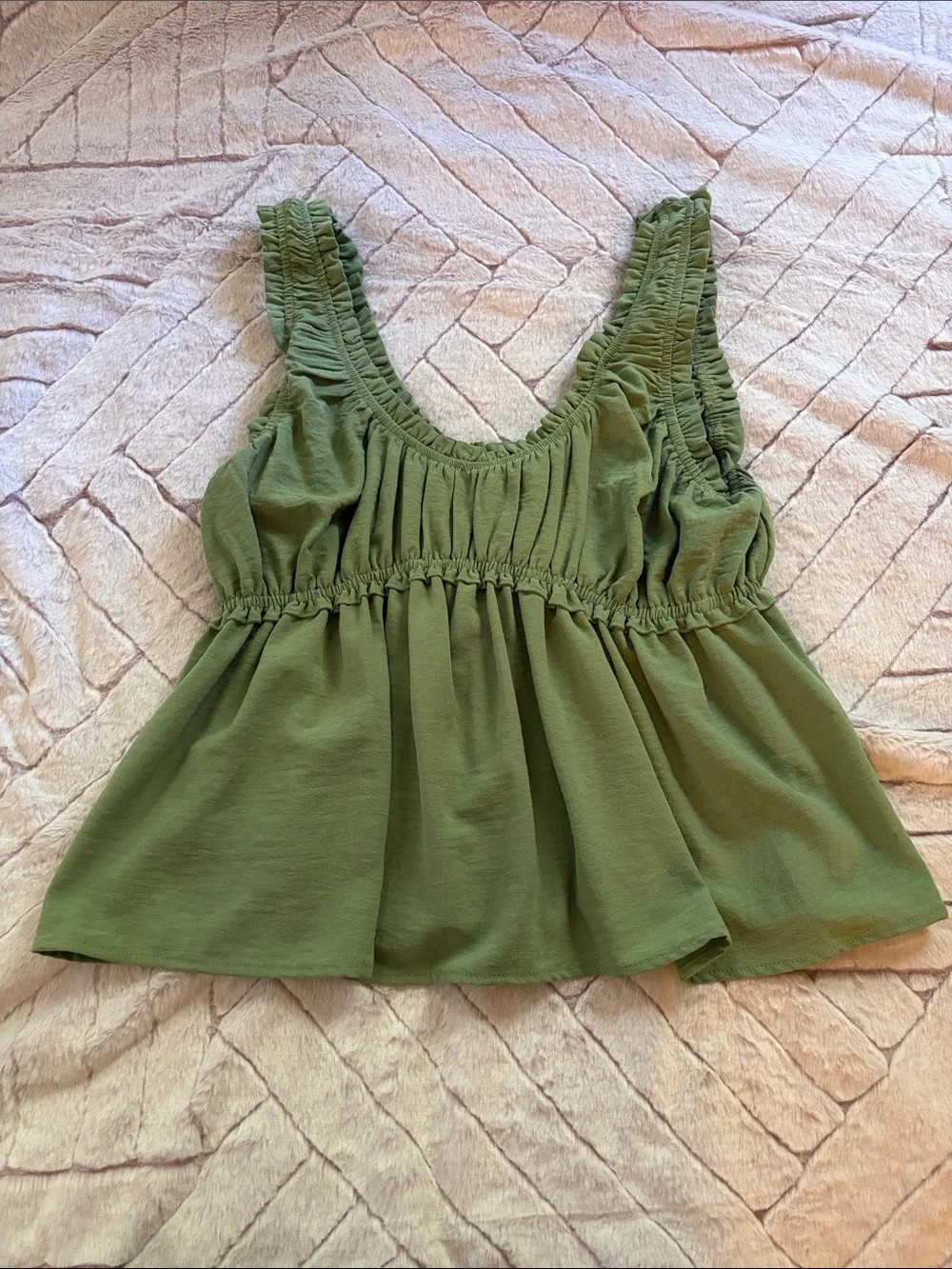 Women's Olive Green Ruched Peplum Tank Top - Picture 1 of 3